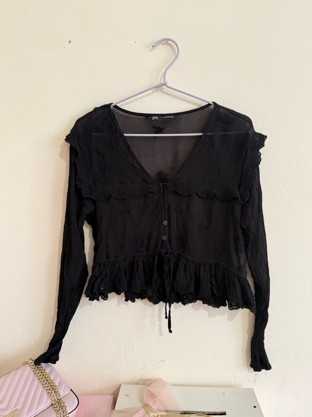 Zara Black Long-Sleeve Button-Front Ruffled Blouse